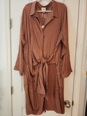 Hayden LA Tie-Front Long Shirt Dress Warm Brown Satiny Side Slits 2XL NWT Earthy